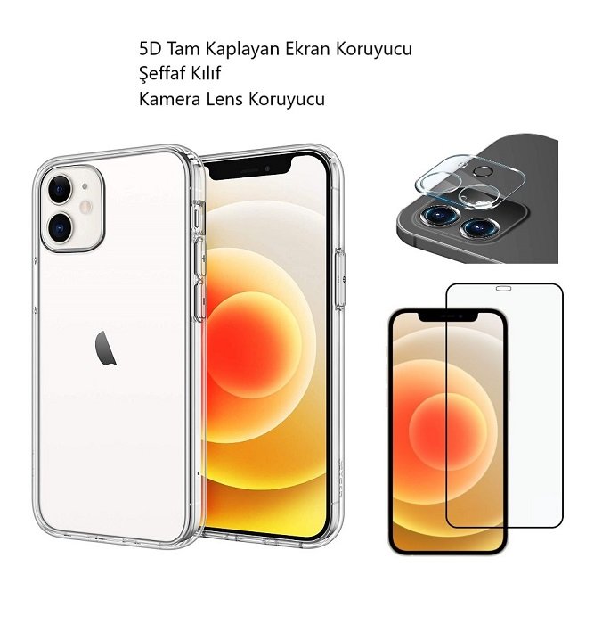 Apple iPhone 12 Ekran Koruyucu + Şeffaf Kılıf + Kamera Koruyucu